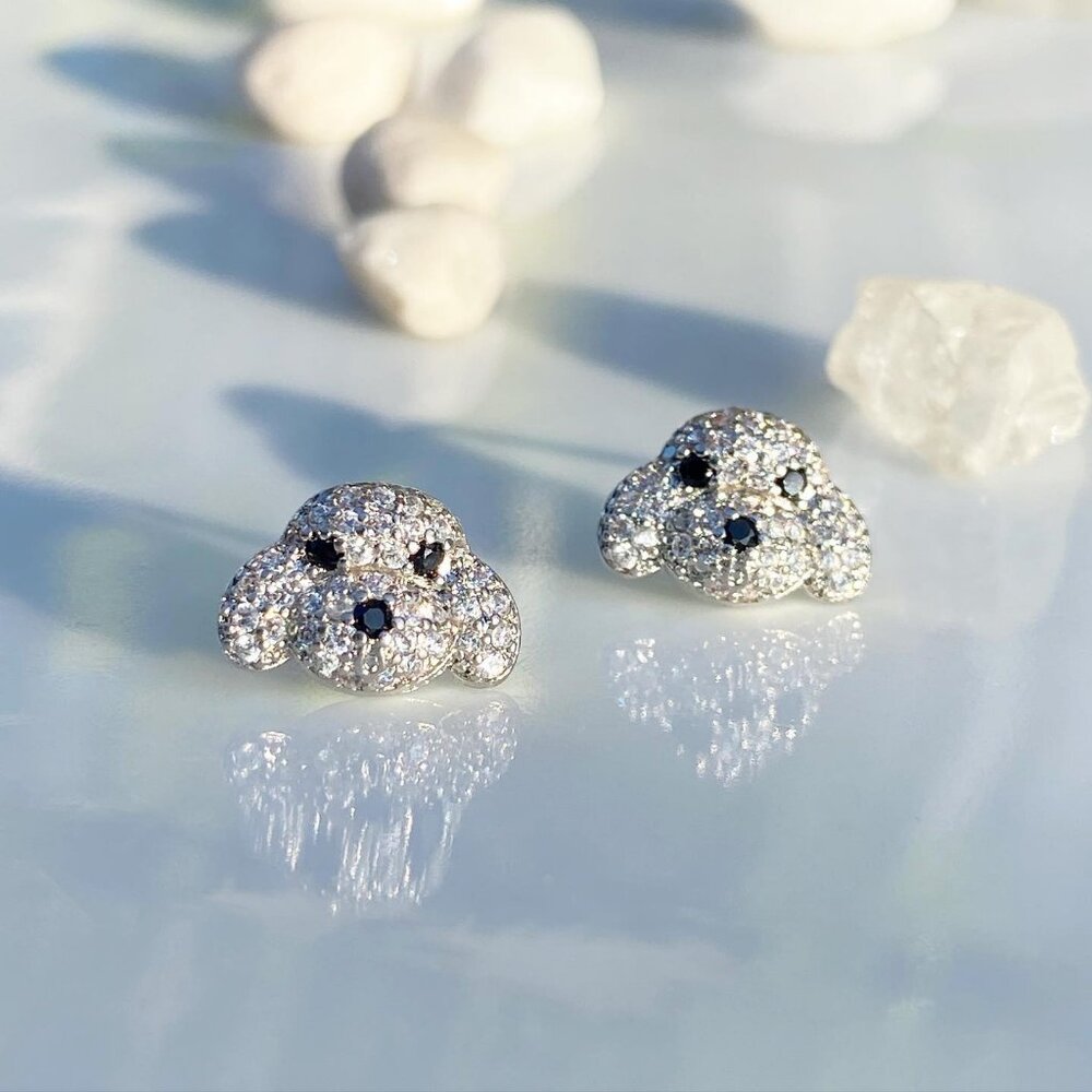 Poodle Dog Breed Rhodium Sterling Silver CZ Sparkle Stone Luxury Stud Earrings
